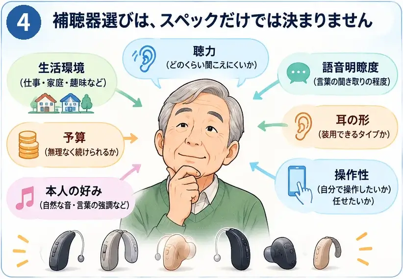 補聴器選びは聴力・語音明瞭度・耳の形・操作性・生活環境・予算・本人の好みで変わり、スペックだけでは決まらないことを表したイラスト
