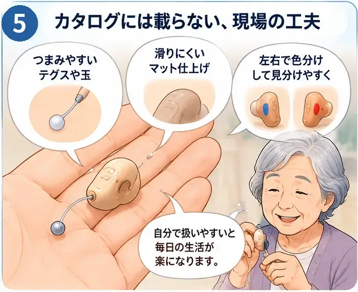 つまみやすいテグスや玉、滑りにくいマット仕上げ、左右の色分けなど、カタログには載らないオーダーメイド補聴器の工夫を表したイラスト