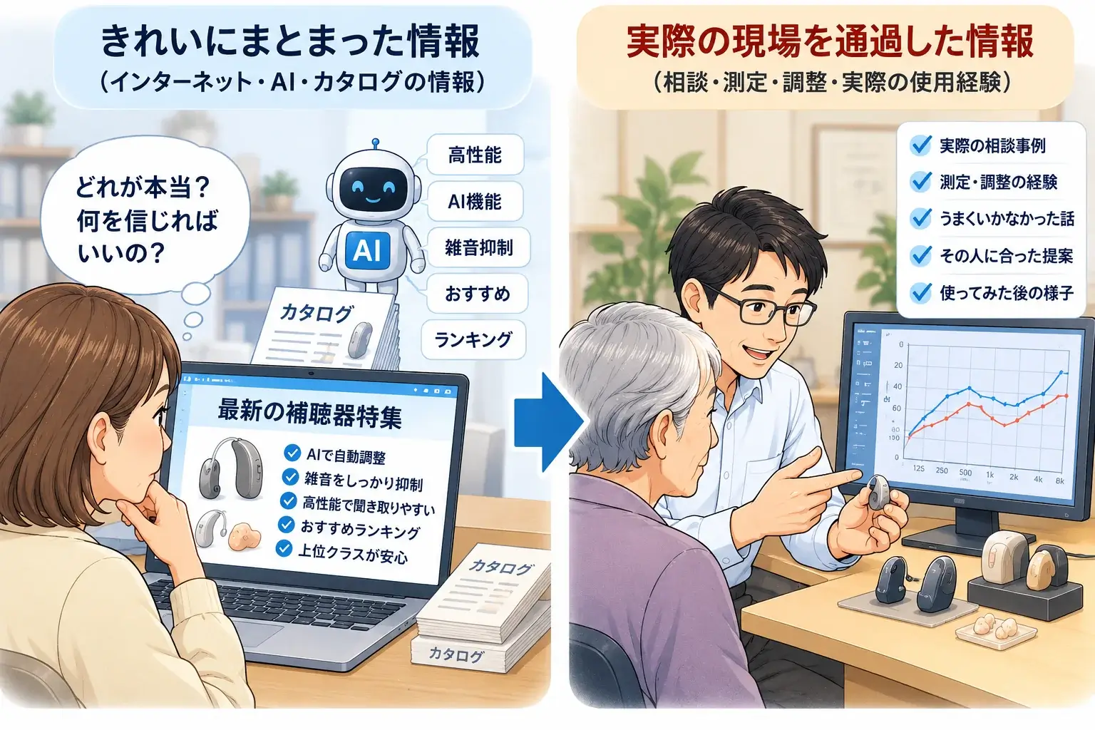 きれいにまとまったインターネット・AI・カタログの情報と、相談・測定・調整・実際の使用経験を通過した情報を比較したイラスト
