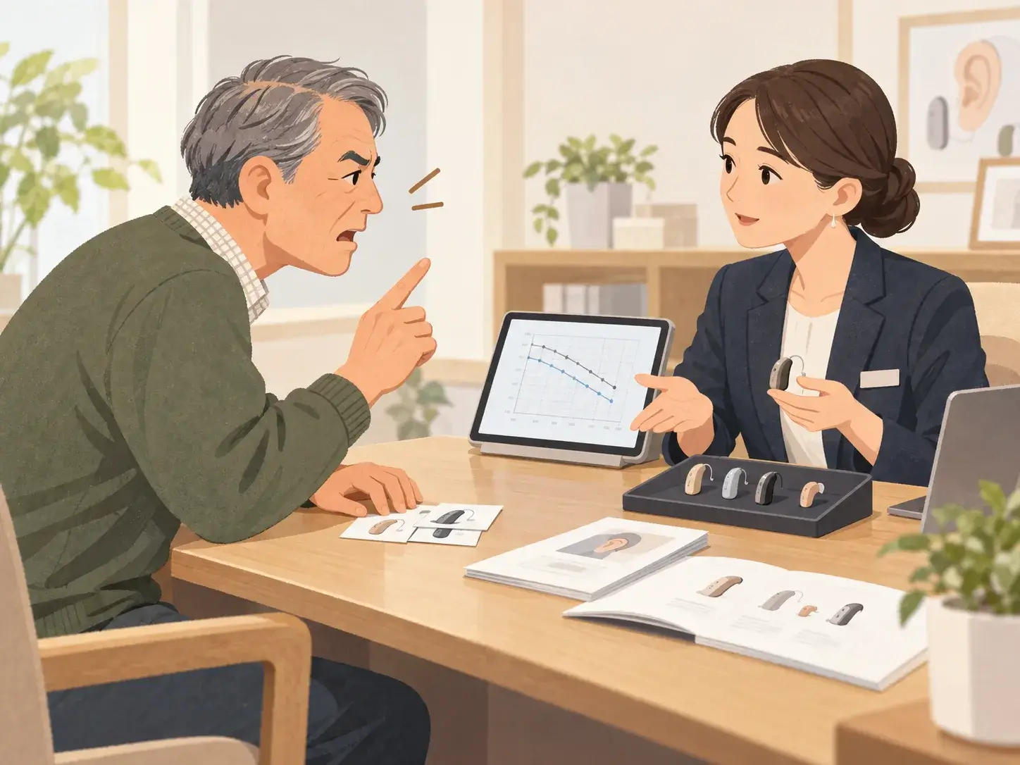 自分の考えを強く主張する男性と、聴力データを示しながら説明する補聴器専門店のスタッフ
