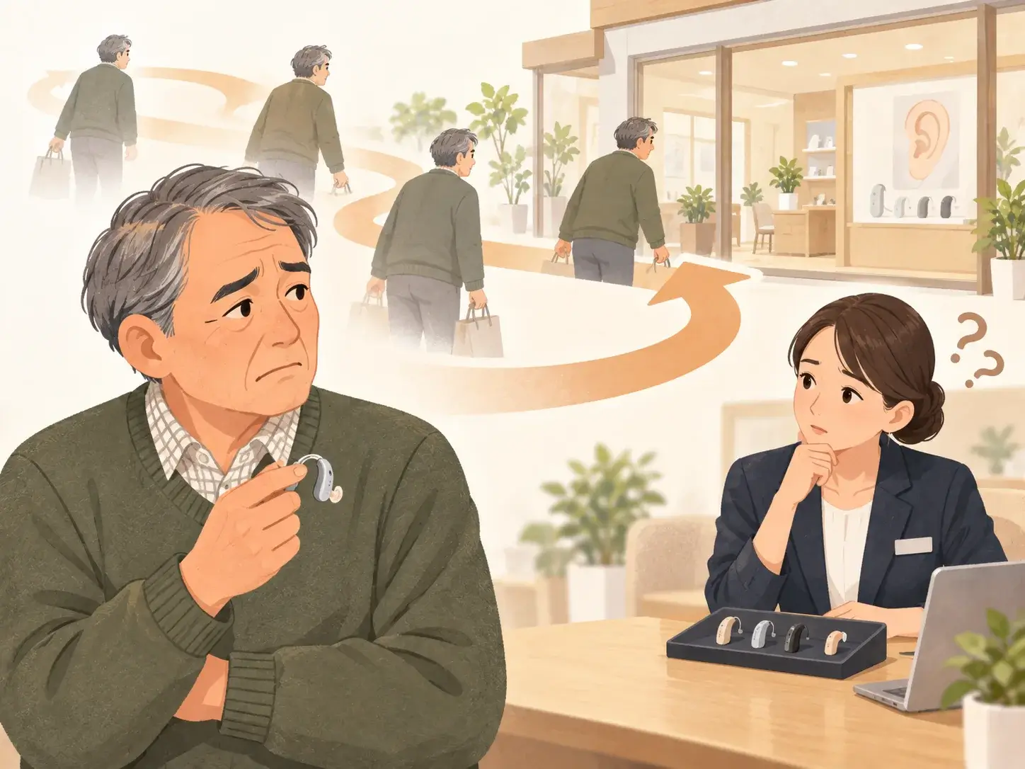 いくつもの補聴器店を行き来する男性と、その様子に首をかしげるスタッフ