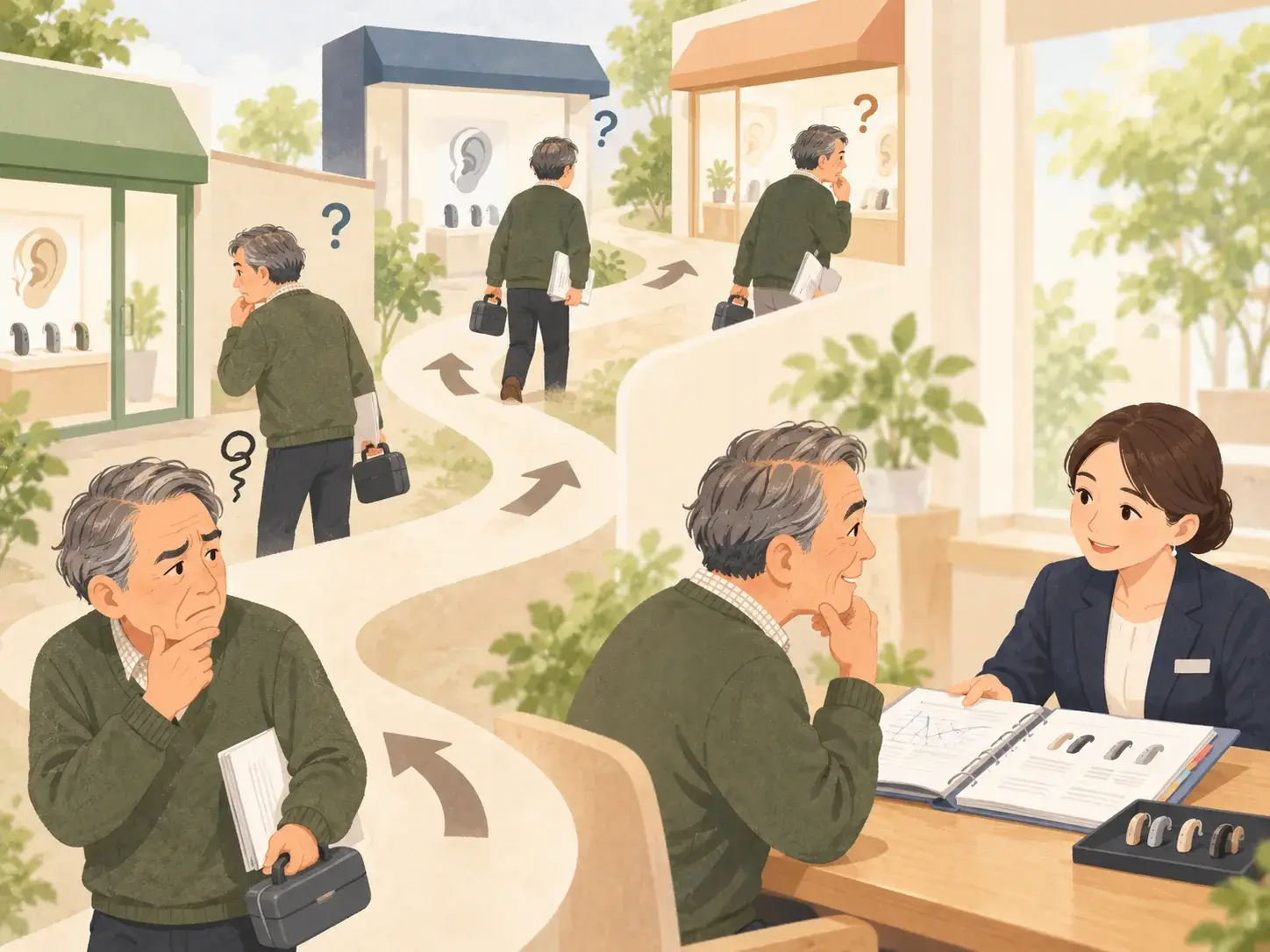 迷いながら補聴器店を回ってきた男性が、相談を通じて表情を和らげている様子