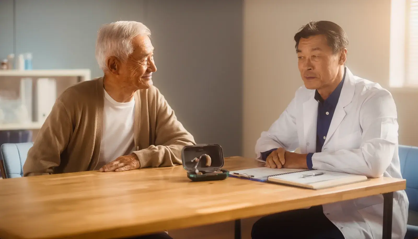 相談を終えて穏やかな表情を見せる男性と担当者