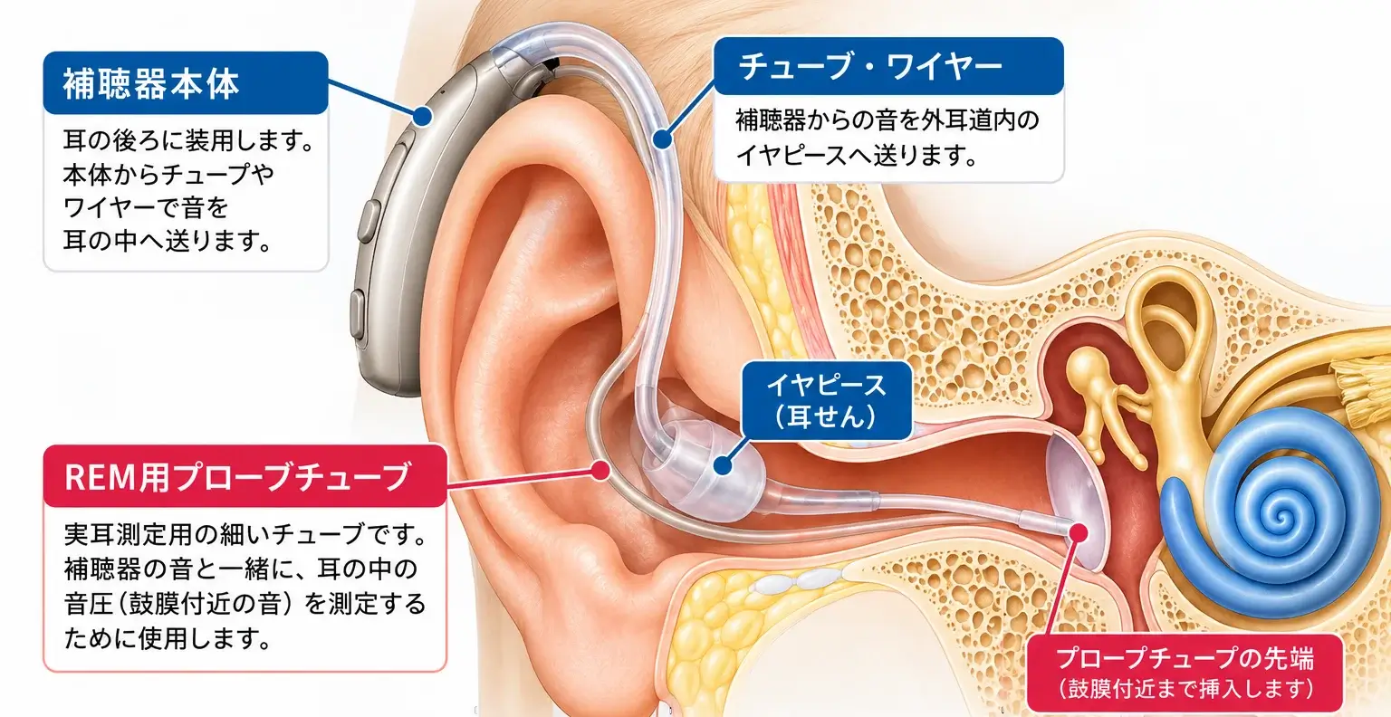 耳の断面図。耳かけ型補聴器、イヤピース、外耳道の中を鼓膜付近まで入れる実耳測定用のプローブチューブの位置関係