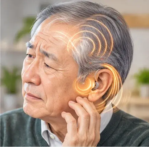 耳あな型補聴器を着けた男性が、耳の周りで低い音が響いて戸惑っている様子