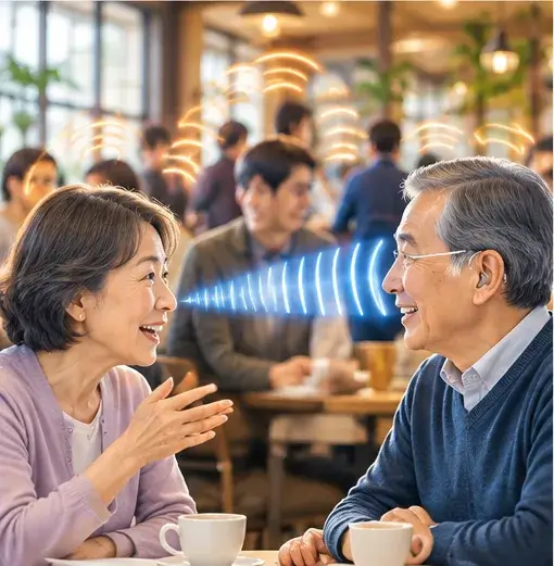 にぎやかなカフェで、周りの雑音の中から相手の声がはっきり届いている様子