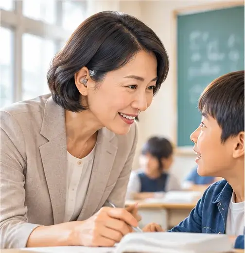 小さな補聴器を着けた先生が、教室で生徒の話に耳を傾けている様子