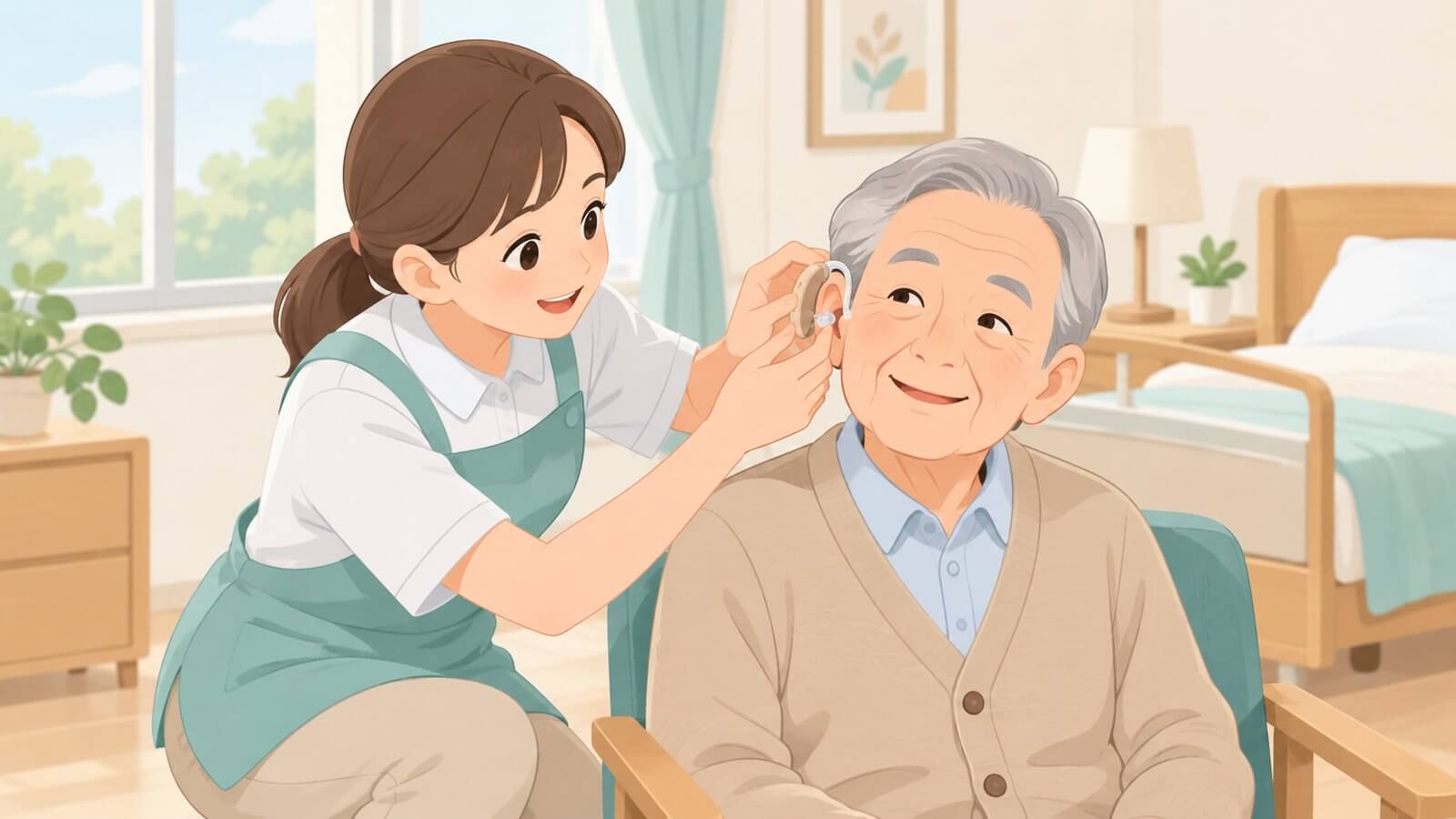 介護スタッフが入所者の補聴器の装着を手伝う様子