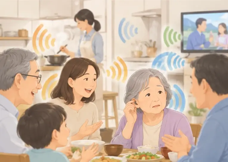 家族の声と周囲の音が混ざり、言葉が聞き取りにくくなっている食卓の様子