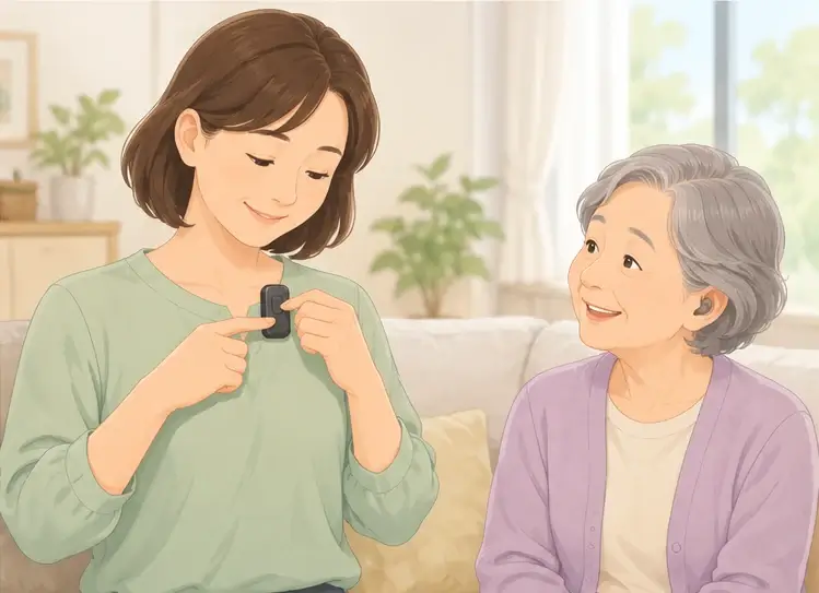 ご家族が胸元のワイヤレスマイクの電源を入れている様子