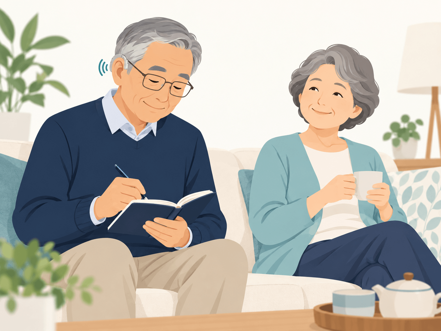 補聴器の通知音を本人だけが聞き、メモを取っている様子