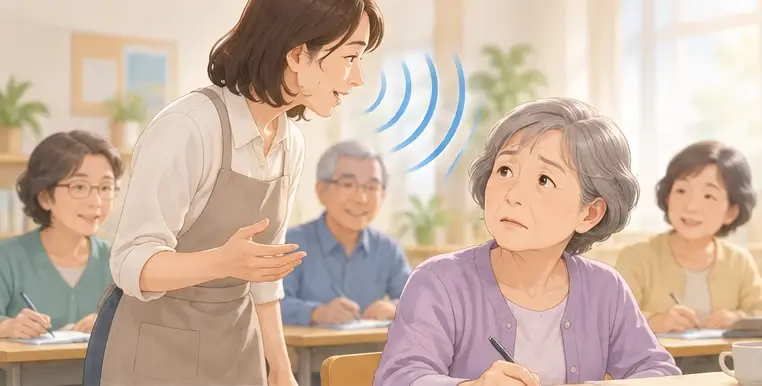 少人数の教室で、先生が歩きながら左側から話しかけている様子