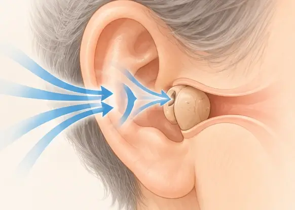 耳介が音を集めて耳の穴へ導く様子