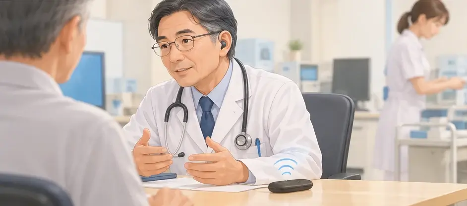 診察室の机の上にワイヤレスマイクを置いて患者と話す医師