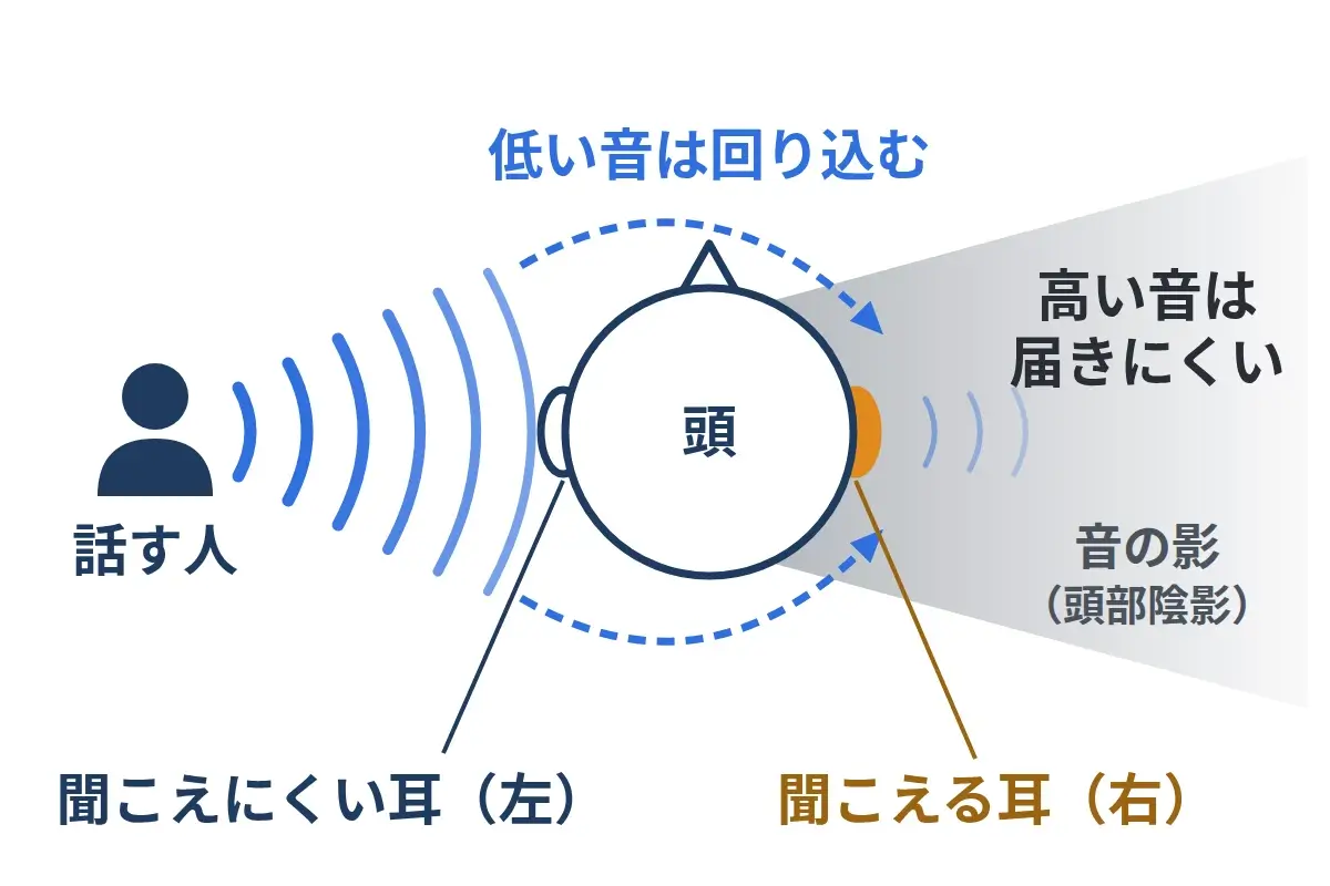 左側からの音が頭に遮られ、反対側の右耳に届きにくくなる頭部陰影効果の図