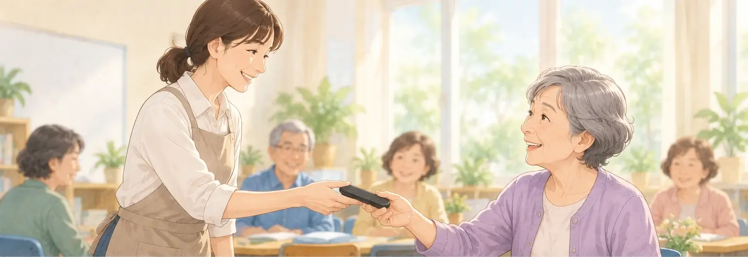 習い事の前に、先生へマイクをつけてもらえるようお願いしている様子